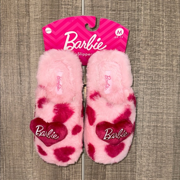 Barbie Fuzzy Pink And Red Heart Slippers - Picture 1 of 11